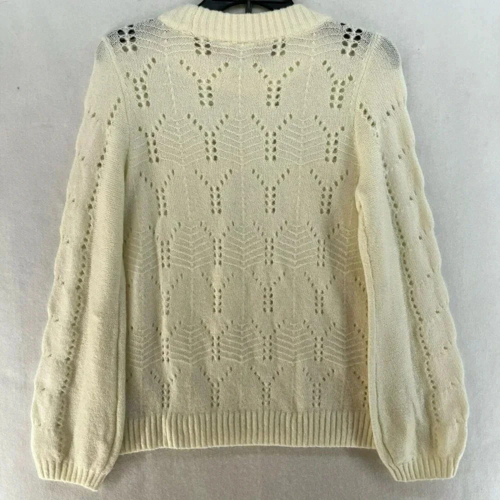 GAP Sweater Women's S Beige Cable-Knit Pointelle Crew Neck Ribbed Balloon Sleeve - Picture 3 of 13